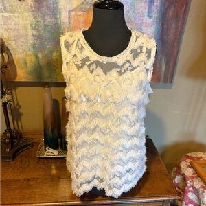 Blue Tassel Cream Asymmetrical Sleeveless Blouse with Cami